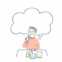 書類の前で考え事をしているシニア男性　フキダシ