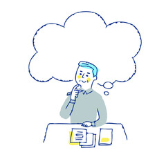 書類の前で考え事をしているシニア男性　フキダシ