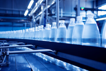 Conveyor belt with bottles of drinking water at a modern beverage plant.