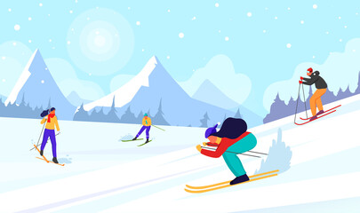 Happy man and woman ride skis in Alps. Winter mountain landscape with skiers. Blue sky, tops of rocks on background. Winter sport activities. Skiing resort. Vector illustration