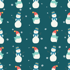 Snowman seamless pattern. Christmas cute winter snowman in new year scarve and hat. Northern cartoon character. Stock vector illustration on a white background.