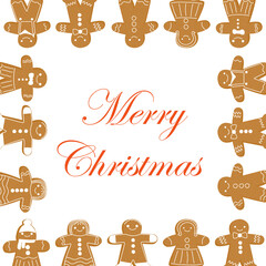 Ginderbread card frame template . Christmas New Year gingerbread man. Flat cartoon hand drawn characters. Stock vector illustration isolated on white background.