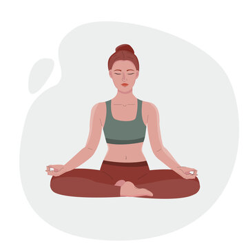 Yoga. Woman in lotus asana position. Breathing and meditation, calmness. Healthy lifestyle. Stock flat cartoon illustration on white background.