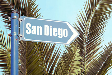 San Diego California road sign over palm trees - obrazy, fototapety, plakaty