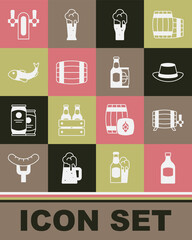 Set Beer bottle, Wooden barrel, Oktoberfest hat, Glass of beer, Dried fish, tap and and can icon. Vector