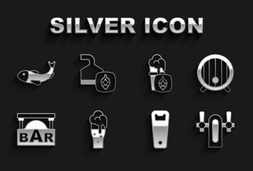 Set Glass of beer, Wooden barrel, Beer tap, Bottle opener, Street signboard with Bar, Dried fish and brewing process icon. Vector