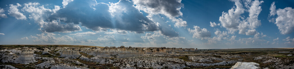 Panoramic of Little Jerusalem Badlands State Park in Logan County, Kansas. The chalk rock formation is a listed National Natural Landmark.