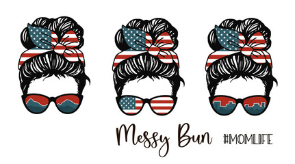 Messy bun, Girl with patriotic messy bun and glasses, American Flag bandana - obrazy, fototapety, plakaty