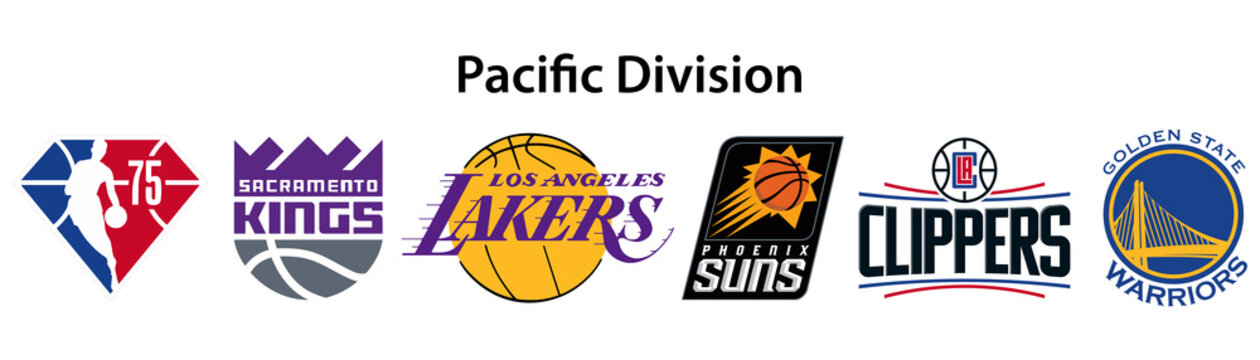 Basketball teams. Western Conference. Pacific Division. Nba logo. Golden State Warriors, Sacramento Kings, Los Angeles Lakers, Phoenix Suns, Los Angeles Clippers. Kyiv, Ukraine - November 7, 2021