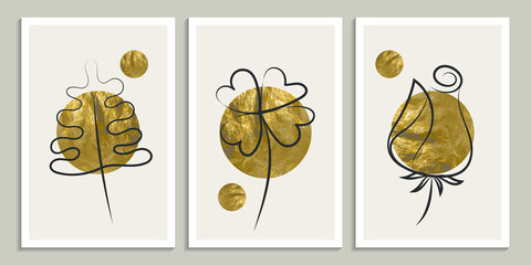 Gold botanical wall art set. Boho decor in earth tone with clover, oak leaf and rose. Modern art for cover, print, wallpaper and other. Minimalistic line vector illustration with abstract shapes.