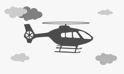 Black helicopter icon flying among the clouds in the sky. Suitable for all businesses.