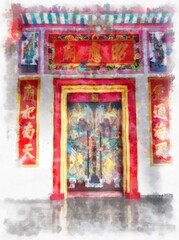 ancient chinese shrine watercolor style illustration impressionist painting.