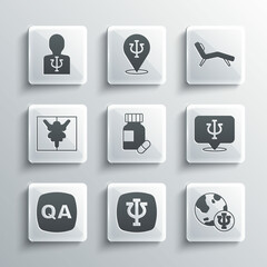 Set Psychology, Psi, Sedative pills, Question and Answer, Rorschach test, and Armchair icon. Vector