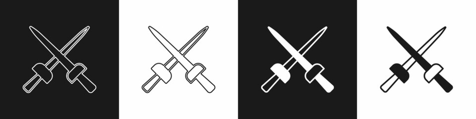 Set Fencing icon isolated on black and white background. Sport equipment. Vector