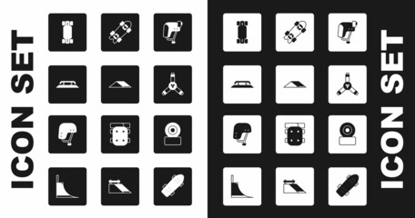 Set Skateboard helmet, park, stairs with rail, Longboard or skateboard, Y-tool, wheel and icon. Vector