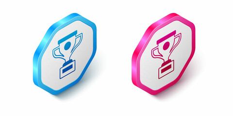 Isometric Award cup icon isolated on white background. Winner trophy symbol. Championship or competition trophy. Sports achievement sign. Hexagon button. Vector