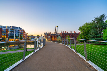 Bedford Riverside bridge at sunset  on the Great Ouse River 