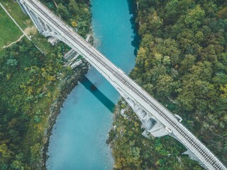 Drone views of Solkan Bridge in Slovenia
