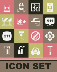 Set Firefighter axe, Emergency call 911, Evacuation plan, exit, Road barrier, Flasher siren and helmet icon. Vector