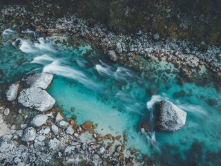 Drone views of the Soča River in Slovenia