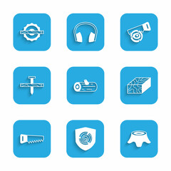 Set Wooden logs, Tree stump, beam, Hand saw, Metallic nail, and Electric circular icon. Vector