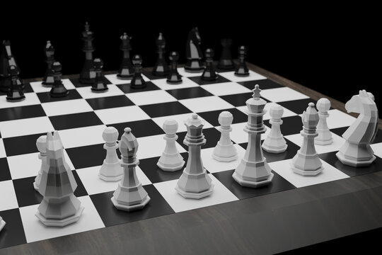 Low poly chess set on the board. 3D illustration