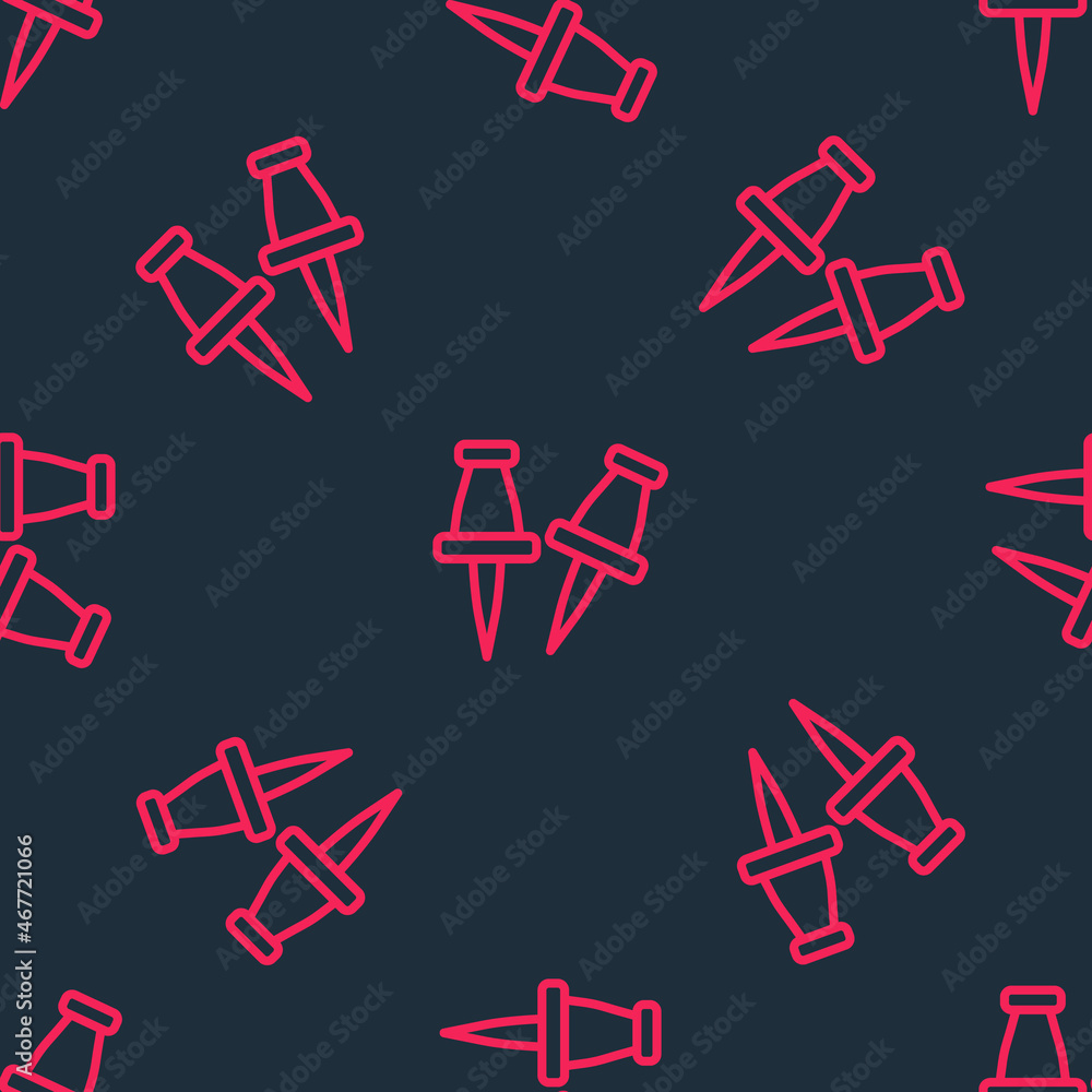 Poster red line push pin icon isolated seamless pattern on black background. thumbtacks sign. vector