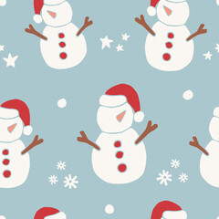 Seamless Christmas pattern with the image of snowman and snowflakes on blue background.