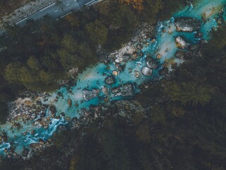 Drone views of the Soča River in Slovenia