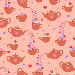 Vector seamless pattern with teapots, hearts and cups. Romantic design.