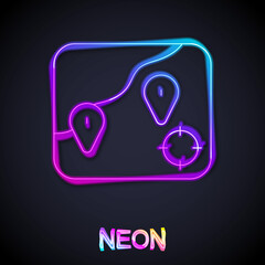 Glowing neon line Location fishing icon isolated on black background. Fishing place. Vector