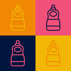 Pop art line Dishwashing liquid bottle icon isolated on color background. Liquid detergent for washing dishes. Vector