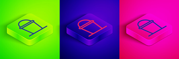 Isometric line Bucket icon isolated on green, blue and pink background. Square button. Vector