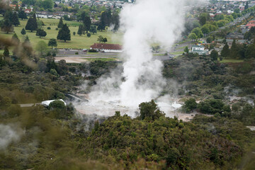 Whakarewarewa Geyser at Te Pui thermal park in geothermal valley of Rotorua, New Zealand