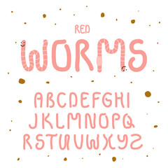 Font Red worms. Letters as if they are worms. Hand drawn alphabet.
