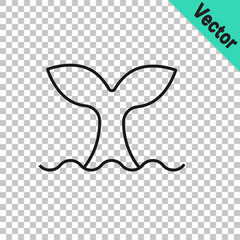 Black line Whale tail in ocean wave icon isolated on transparent background. Vector