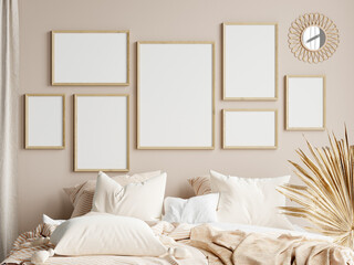 gallery frame mockup in modern boho bedroom interior, poster frame mockup, 3d render
