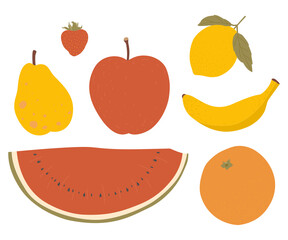 Illustration of a watermelon, pear, apple, lemon, banana, orange and strawberry. Cute flat vector illustration in pleasant colors. Isolated on white.