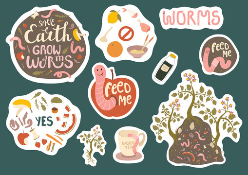 Set of stickers about vermicomposting. Collection of hand drawn illustrations and lettering about ecology, zero waste and sustainable household. A4.