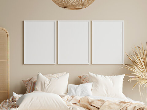 gallery frame mockup in modern boho bedroom interior, poster frame mockup, 3d render