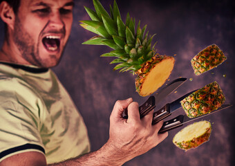 A man cuts a pineapple with three knives like a wolverine . 