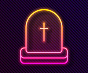 Glowing neon line Tombstone with RIP written on it icon isolated on black background. Grave icon. Happy Halloween party. Vector