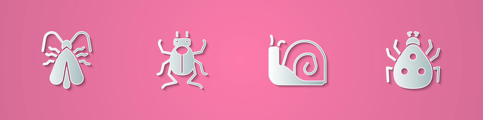 Set paper cut Clothes moth, Beetle bug, Snail and Ladybug icon. Paper art style. Vector