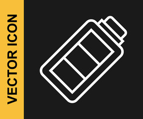 White line Battery charge level indicator icon isolated on black background. Vector