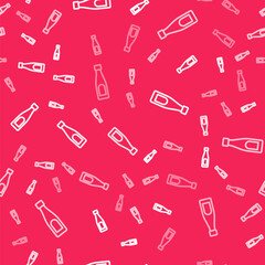 White line Bottle of water icon isolated seamless pattern on red background. Soda aqua drink sign. Vector