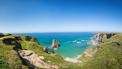 Bedruthan Steps panorama on summer day in Cornwall, England
