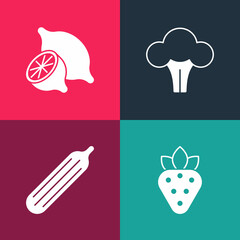 Set pop art Strawberry, Fresh cucumber, Broccoli and Lemon icon. Vector