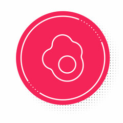 White line Scrambled egg icon isolated on white background. Home cooked food, fried egg, healthy breakfast, omelet icon. Red circle button. Vector