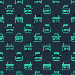 Fototapeta na wymiar Green line Military ammunition box with some ammo bullets icon isolated seamless pattern on blue background. Vector