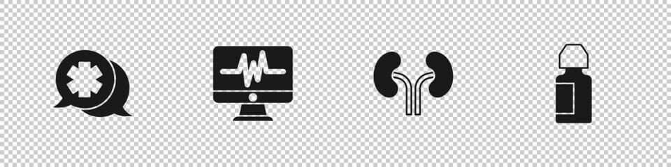 Set Dialogue with the doctor, Monitor cardiogram, Human kidneys and Eye drop bottle icon. Vector